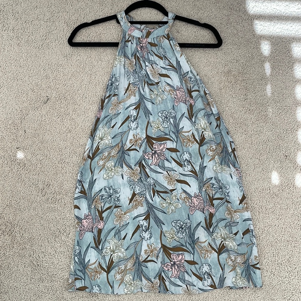 BP high tie neck swing mini dress light blue floral
